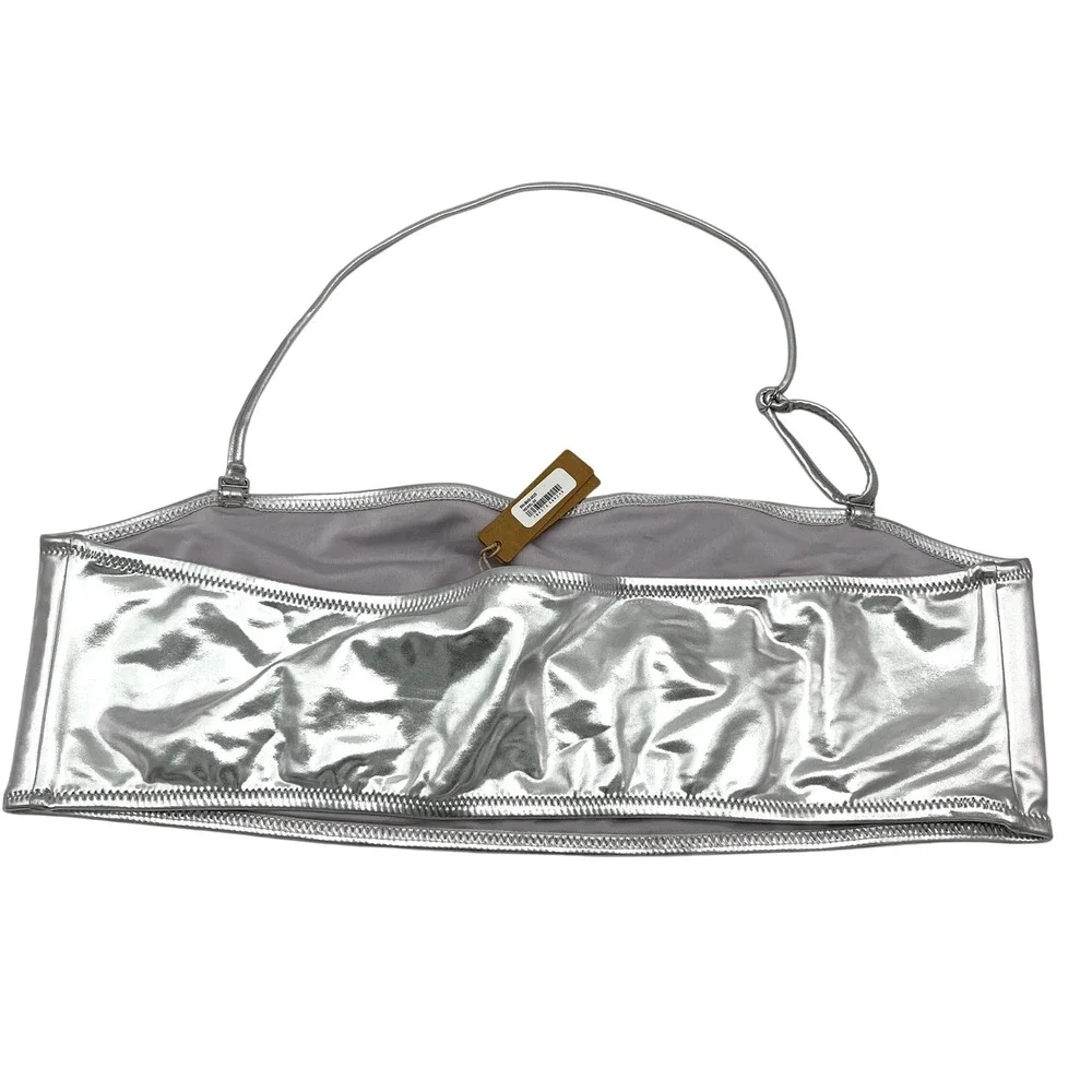 SKIMS Metallic‎ Swim Bandeau Top Silver Shiny Strapless Bikini 3X Nickel